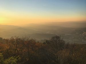 Preview wallpaper trees, mountains, fog, view, landscape