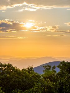 Preview wallpaper trees, mountains, hills, fog, landscape