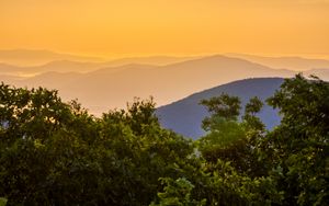 Preview wallpaper trees, mountains, hills, fog, landscape