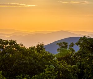 Preview wallpaper trees, mountains, hills, fog, landscape