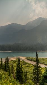 Preview wallpaper trees, mountains, lake, beach, nature