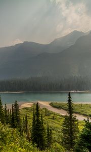 Preview wallpaper trees, mountains, lake, beach, nature