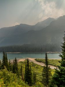 Preview wallpaper trees, mountains, lake, beach, nature