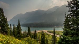 Preview wallpaper trees, mountains, lake, beach, nature