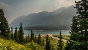 Preview wallpaper trees, mountains, lake, beach, nature