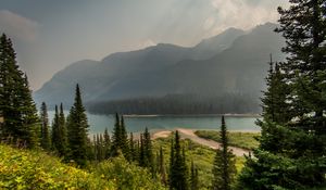 Preview wallpaper trees, mountains, lake, beach, nature