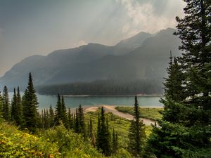 Preview wallpaper trees, mountains, lake, beach, nature