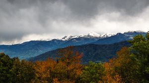 Preview wallpaper trees, mountains, peaks, snow, landscape