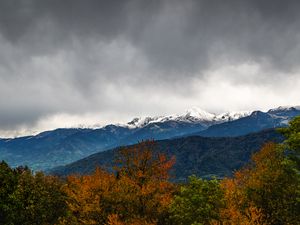 Preview wallpaper trees, mountains, peaks, snow, landscape