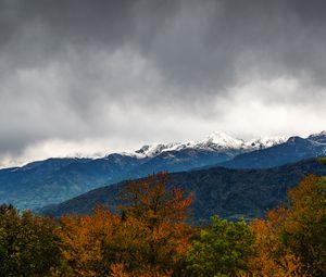 Preview wallpaper trees, mountains, peaks, snow, landscape