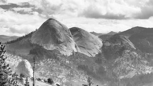 Preview wallpaper trees, mountains, slope, landscape, black and white