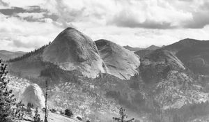 Preview wallpaper trees, mountains, slope, landscape, black and white
