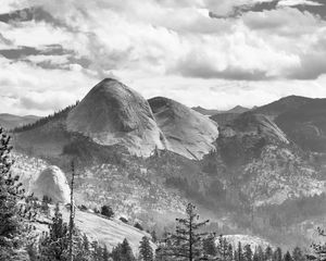 Preview wallpaper trees, mountains, slope, landscape, black and white
