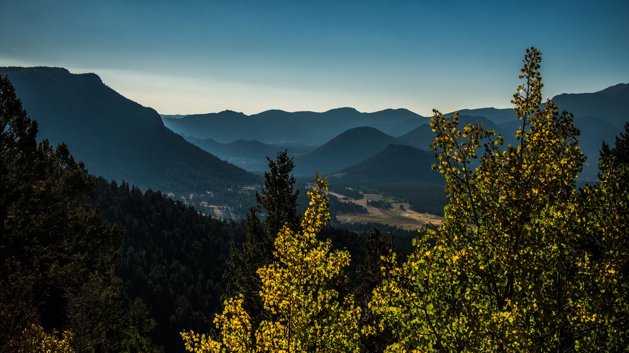 Wallpaper trees, mountains, twilight, landscape, aerial view