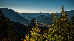 Preview wallpaper trees, mountains, twilight, landscape, aerial view