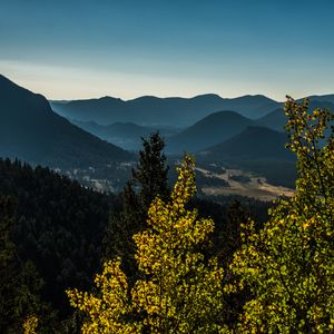 Preview wallpaper trees, mountains, twilight, landscape, aerial view