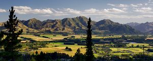 Preview wallpaper trees, mountains, valley, houses, nature