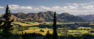 Preview wallpaper trees, mountains, valley, houses, nature