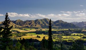 Preview wallpaper trees, mountains, valley, houses, nature