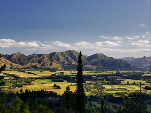 Preview wallpaper trees, mountains, valley, houses, nature