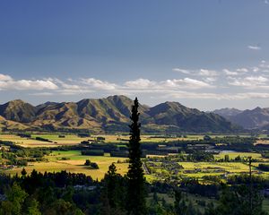 Preview wallpaper trees, mountains, valley, houses, nature