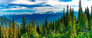 Preview wallpaper trees, mountains, view, landscape, clouds