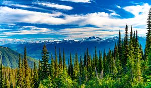 Preview wallpaper trees, mountains, view, landscape, clouds
