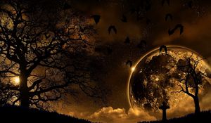 Preview wallpaper trees, nature, night, planet, birds, landscape