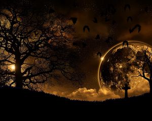 Preview wallpaper trees, nature, night, planet, birds, landscape