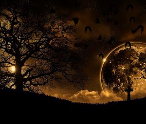 Preview wallpaper trees, nature, night, planet, birds, landscape