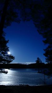 Preview wallpaper trees, night, lake, distance, sky, norway