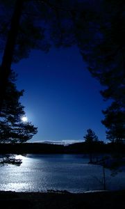 Preview wallpaper trees, night, lake, distance, sky, norway