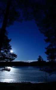 Preview wallpaper trees, night, lake, distance, sky, norway