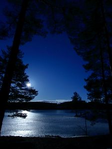 Preview wallpaper trees, night, lake, distance, sky, norway