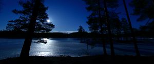 Preview wallpaper trees, night, lake, distance, sky, norway