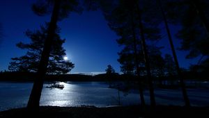 Preview wallpaper trees, night, lake, distance, sky, norway