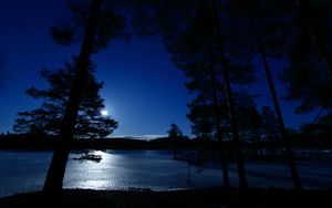 Preview wallpaper trees, night, lake, distance, sky, norway