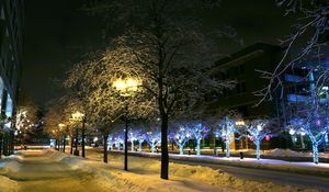 Preview wallpaper trees, park, winter, ornament, decor, street, night, city