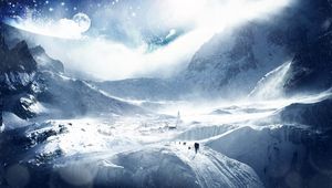 Preview wallpaper trees, planet, earth, sky, stars, skiers, research