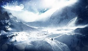 Preview wallpaper trees, planet, earth, sky, stars, skiers, research