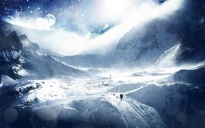 Preview wallpaper trees, planet, earth, sky, stars, skiers, research
