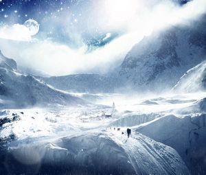 Preview wallpaper trees, planet, earth, sky, stars, skiers, research