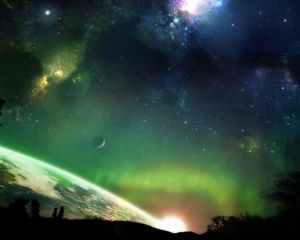 Preview wallpaper trees, planets, light, fantasy, stars