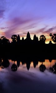 Preview wallpaper trees, reflection, silhouettes, pond, dark, evening, sky