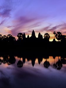 Preview wallpaper trees, reflection, silhouettes, pond, dark, evening, sky