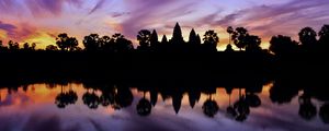 Preview wallpaper trees, reflection, silhouettes, pond, dark, evening, sky