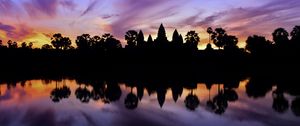 Preview wallpaper trees, reflection, silhouettes, pond, dark, evening, sky