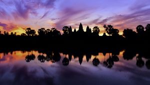 Preview wallpaper trees, reflection, silhouettes, pond, dark, evening, sky