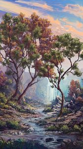 Preview wallpaper trees, river, bird, art