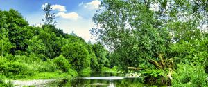 Preview wallpaper trees, river, courses, stones, sky